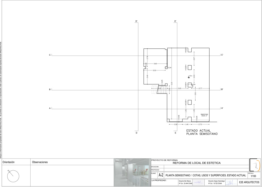 Planta semisótano/cotas, usos y superficies. Estado actual