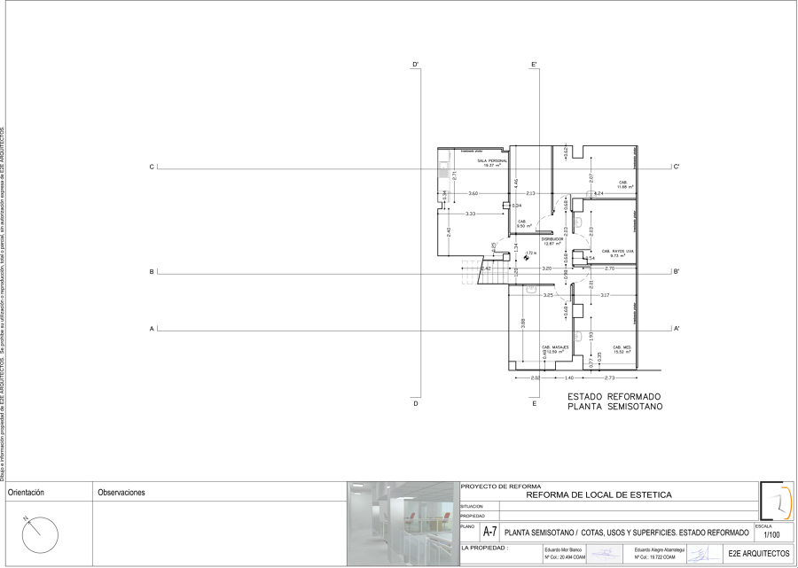 Planta semisótano/cotas, usos y superficies. Estado reformado