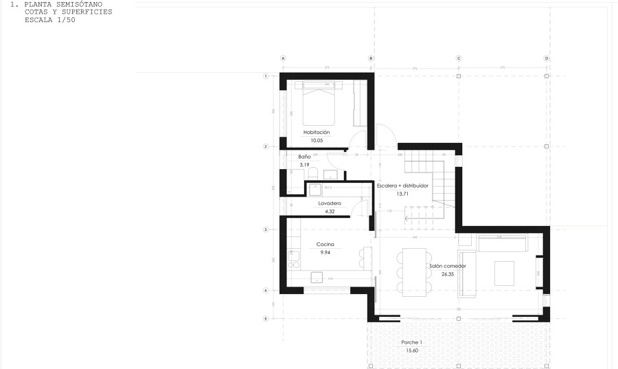 Planta semisótano de vivienda unifamiliar.