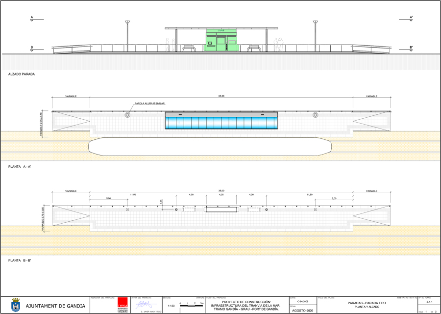 Planta y secciones línea de tranvía
