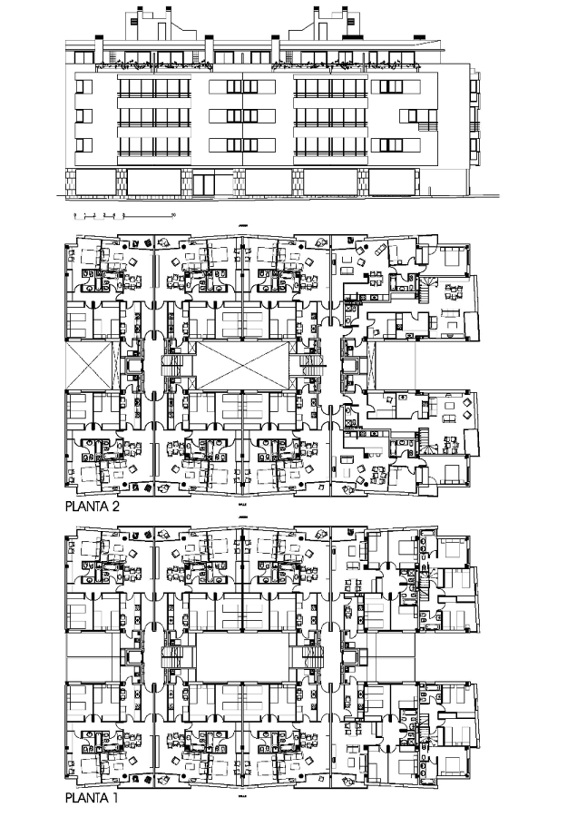 PLANTAS 1 Y 2 Y FACHADA PRINCIPAL