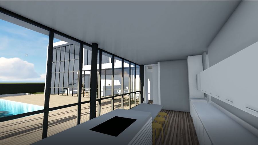 Primer borrador de render de la cocina, de diseño moderno y con una isla