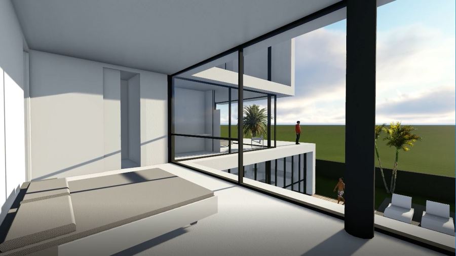 Primer borrador de render de un dormitorio con vistas a la piscina