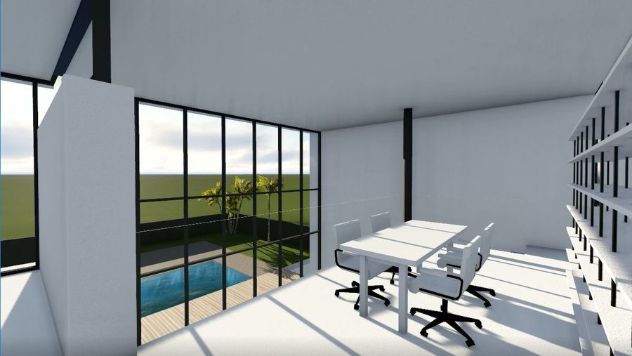 Primer borrador de render del despacho de doble planta, con vistas a la piscina