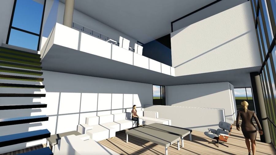 Primer borrador de render del salón de doble altura con vistas a la piscina