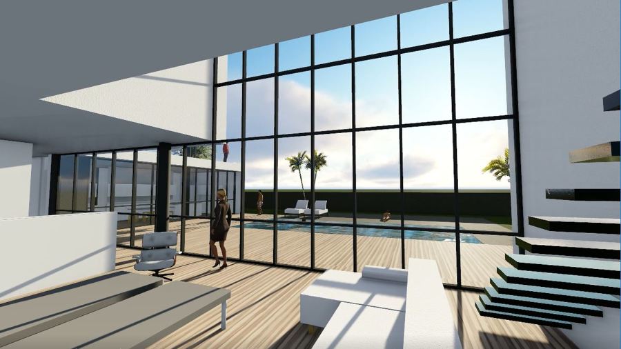 Primer borrador de render del salón de doble altura con vistas a la piscina