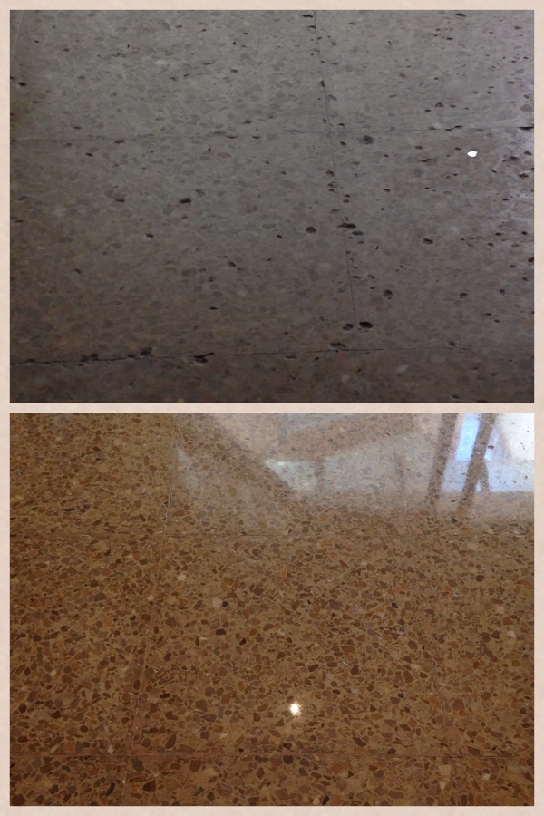 Pulido, abrillantado y tapar agujeros suelo de terrazo.