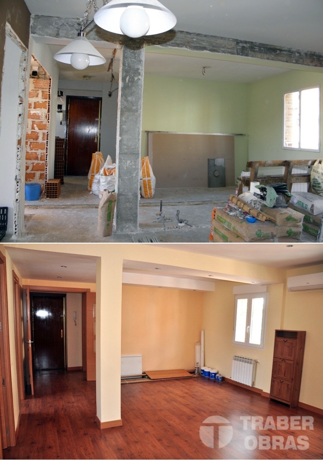 Reforma integral de vivienda por Traber Obras - salón antes y después.