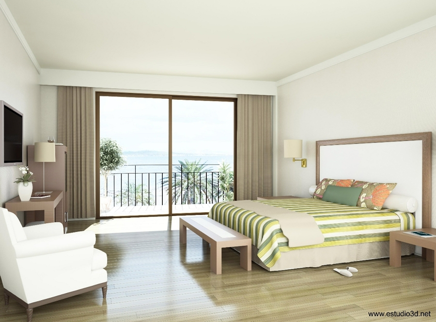 Render 3D de Habitación de Hotel