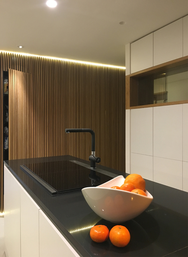 Revestimiento practicable del volumen del baño de cortesía y detalle de isla de cocina