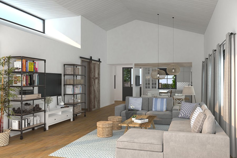 Salón-comedor con techos inclinados y lucernario