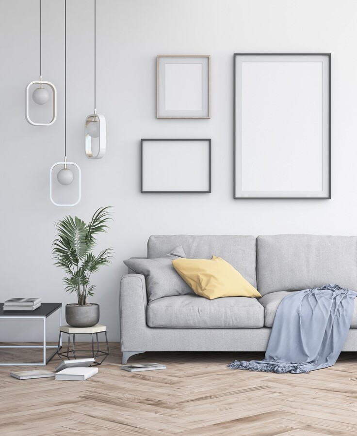 salon nordico con lienzos en blanco