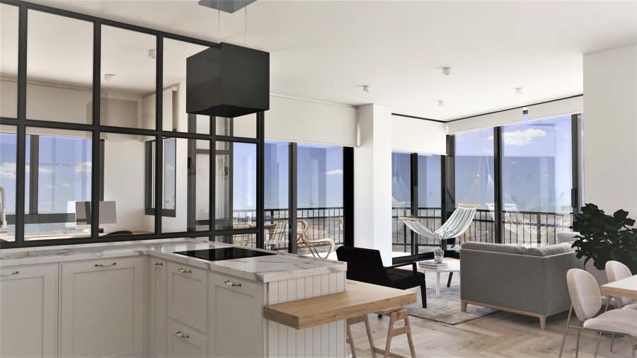 Salón y cocina en concepto abierto con vistas panorámicas