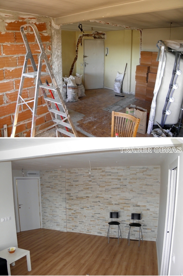 Salón, zona de entrada antes y después.