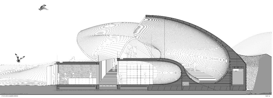 Sección principal por pabellón de acceso