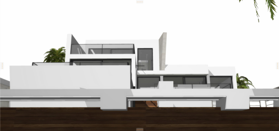 Vista contrapicado desde jardín inferior de la parcela.