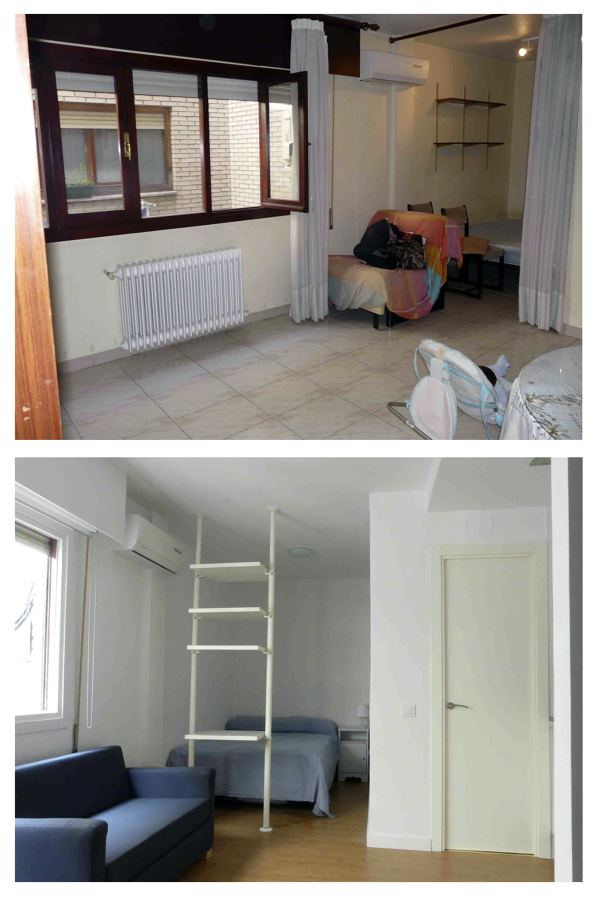 Vista de antes y después del área de dormitorio