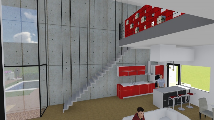 vista de la cocina y la doble altura al salón comedor