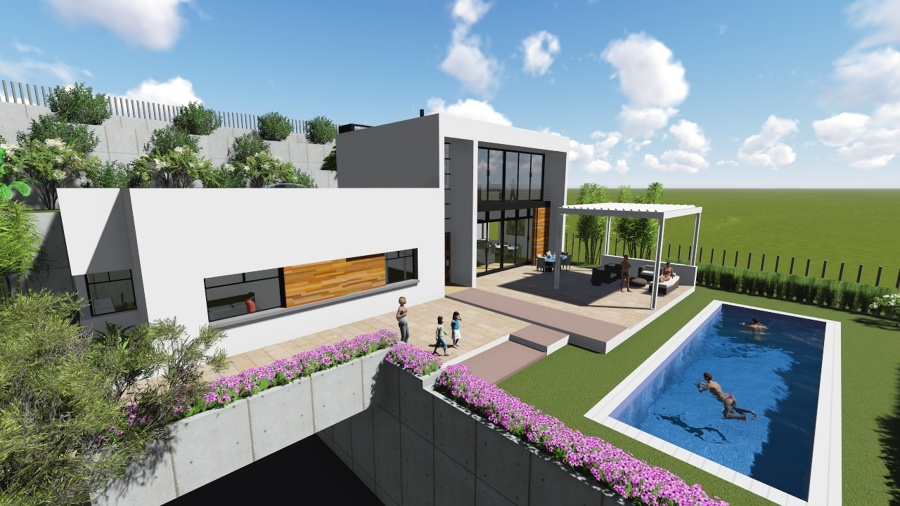 Vista de la parcela con la vivienda y la entrada al sótano garaje.