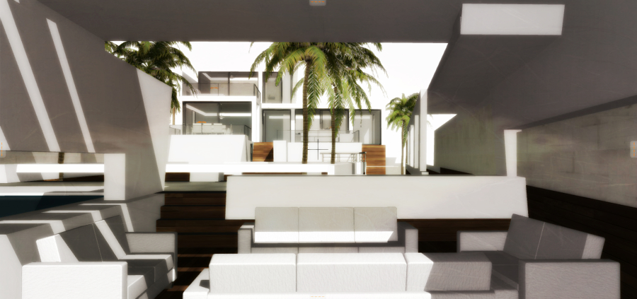 Vista desde la pérgola del fondo de la parcela hacia la casa.