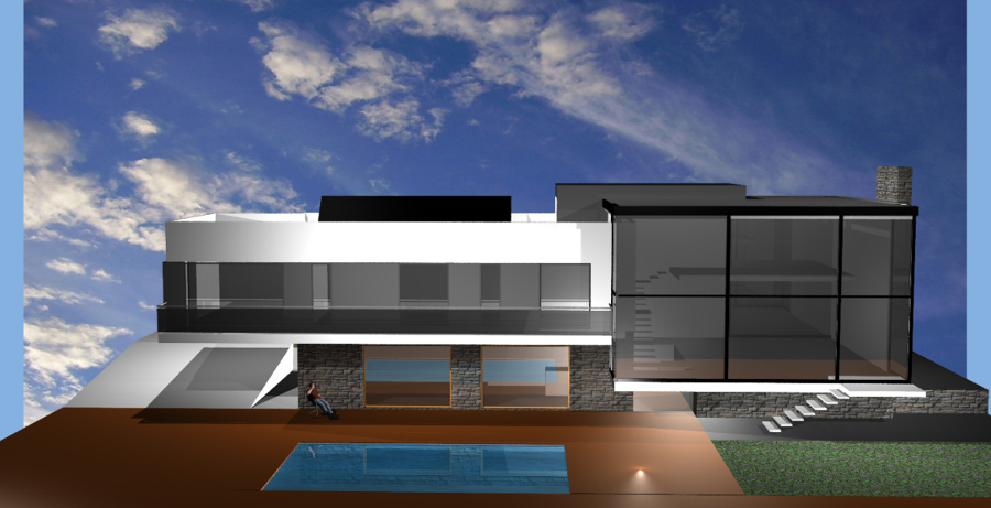 VISTA GENERAL DE LA VIVIENDA Y EL JARDIN, EN LA ZONA POSTERIOR