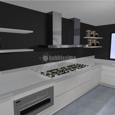 Cocina, bancos, taburetes y barra de un nuevo restaurante