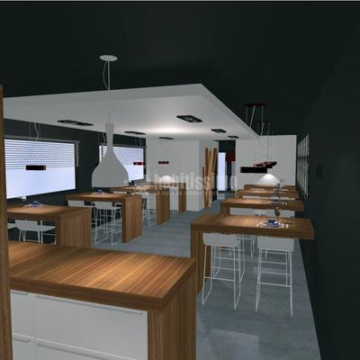 Cocina, bancos, taburetes y barra de un nuevo restaurante