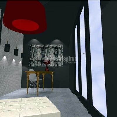 Cocina, bancos, taburetes y barra de un nuevo restaurante