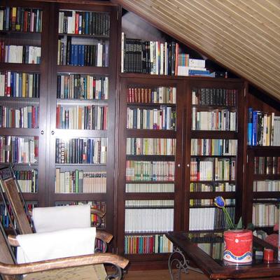 biblioteca cerrada con puertas de madera y cristal