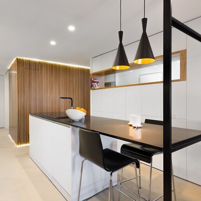 Cocina alargada con barra en negro