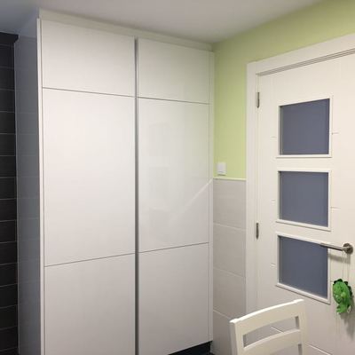 Despensa, y nevera. Puertas lacadas. Paredes con alicatados y pintura.