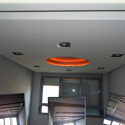 Falso techo de pladur con cupula empapelada y tiras de led