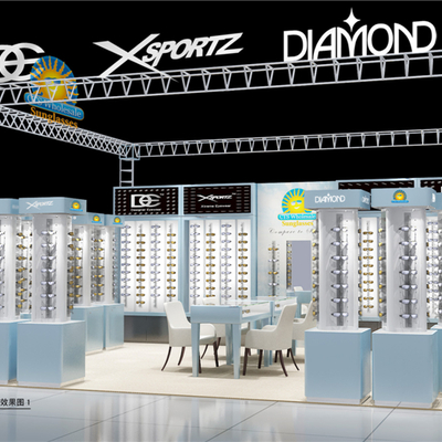 Diseño para kiosk y tienda de gafa para centro comercial con escaparate y gabinete de la exposición