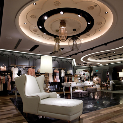 Diseño entero para tienda de moda con módulo de pared y escaparate de mdf