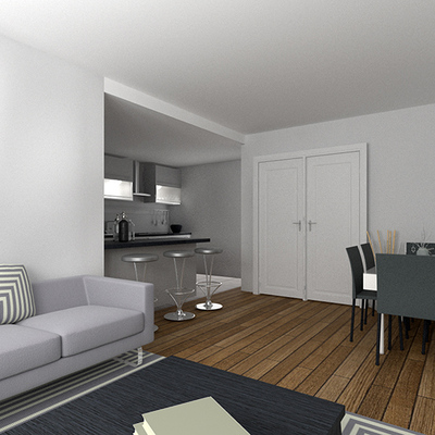 Infografía 3D del espacio del salón