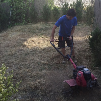 Jardín de cesped artificial con camino de losas y perímetro de gravas 