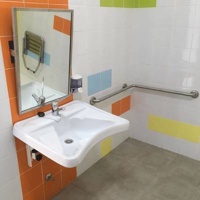 Lavabo para discapacitados con espejo y dispensador de jabón. Barra de sujeción en L.