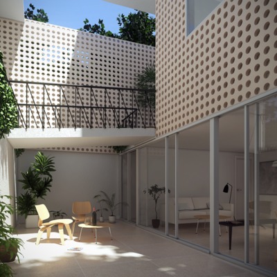 Salón en patio inglés