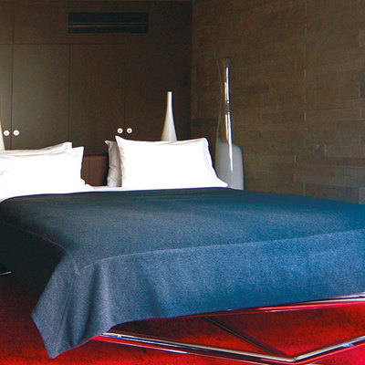 alfombra en rojo y cama azul