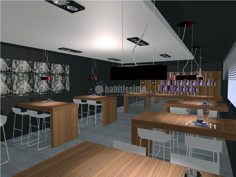 Cocina, bancos, taburetes y barra de un nuevo restaurante