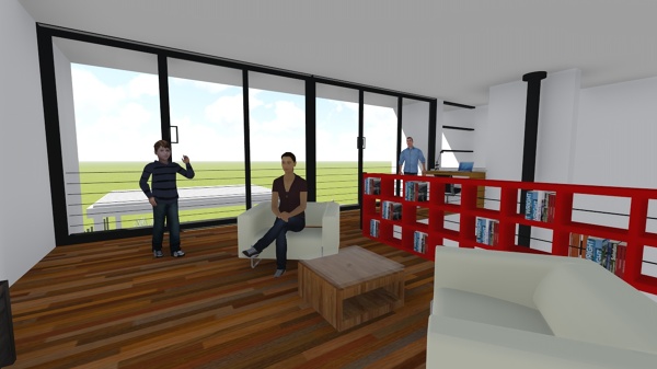 Vista del estudio superior en la doble altura al salón