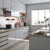 Cocina con azulejos en rosa y blanco