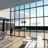Primer borrador de render del salón de doble altura con vistas a la piscina